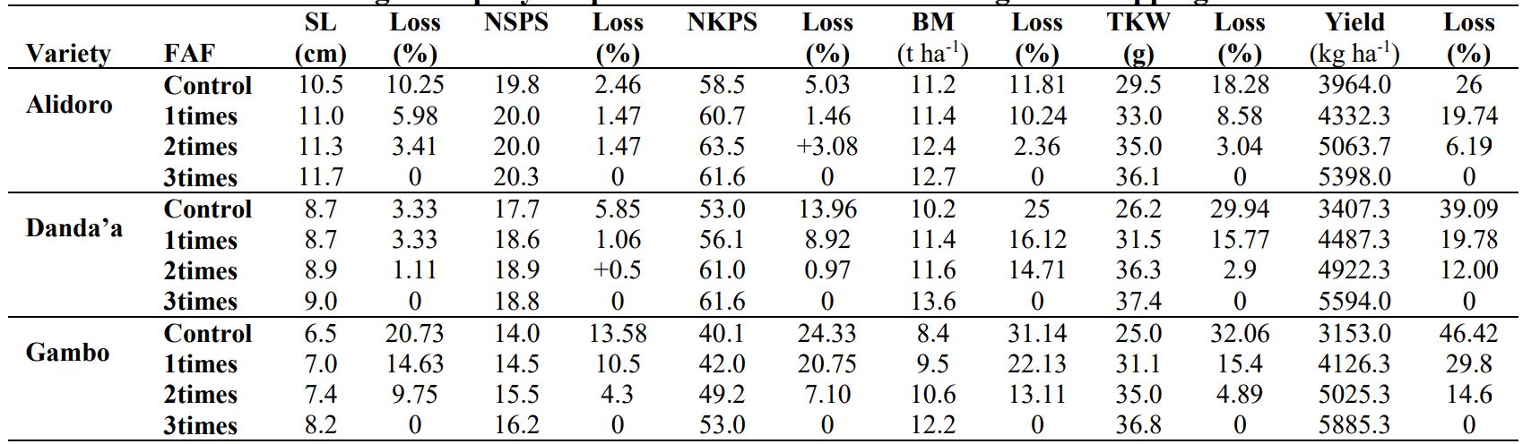 Genotypic variations in yield losses in wheat cultivars treated with different frequencies of foliar fungicide