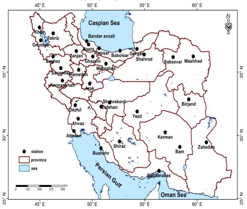 Spatial distribution of the synoptic stations across Iran