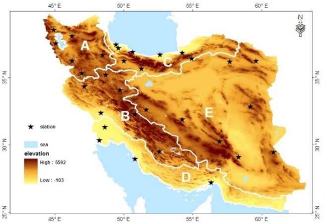 Five geographic regions of Iran, Azarbaijan, Zagros, Alborz, mountain ranges, Caspian Sea cost and central part