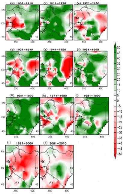Decadal MAM rainfall anomaly in comparison to the base period (1984 – 2014) across Kenya