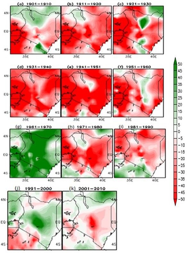 Decadal rainfall anomaly (OND) comparative to base period (1984 – 2014) average, across Kenya.