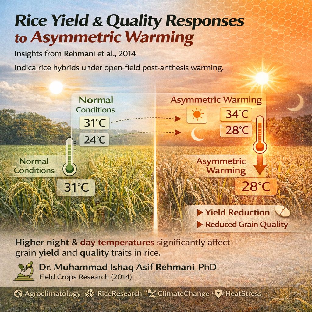 Rehmani et al., 2014, Rice Yield and quality, indica rice hybrids, post-anthesis asymmetric, day and night warming, open-field warming, Yangtze River delta.