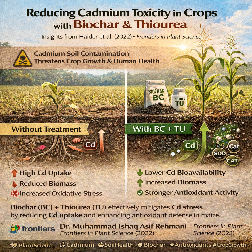 Haider et al., 2022, Integrated Application, Thiourea and Biochar, Improved, Maize Growth, Antioxidant Activity, Reduces Cadmium Bioavailability, Cadmium-Contaminated Soil