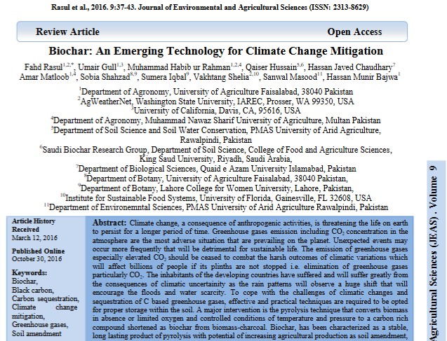 Emerging Technology for Climate Change Mitigation, Biochar, role of biochar in carbon sequestration in soil, biochar for soil amendment , negative emission technology