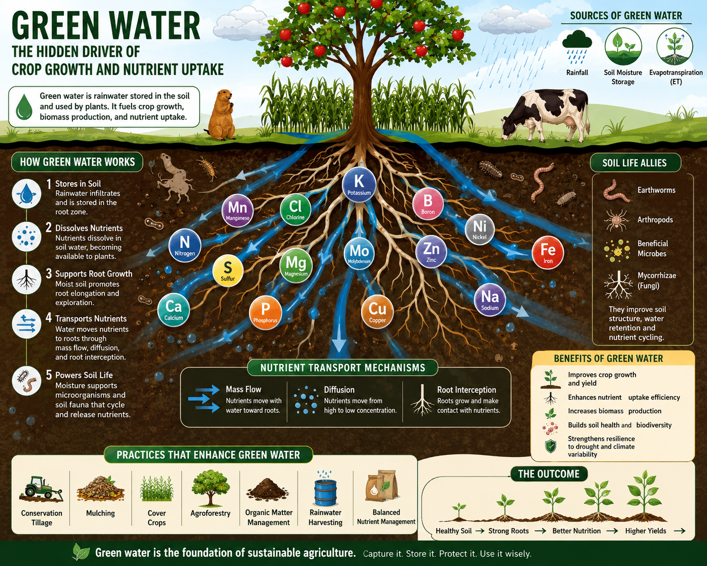 Green Water: The Hidden Driver of Crop Growth and Nutrient Uptake, Green water and nutrient uptake in crops, Role of green water in sustainable agriculture, How green water supports crop growth, Green water management for higher crop yields, Soil moisture and plant nutrient absorption, Importance of green water in rainfed agriculture, Green water productivity in agricultural systems